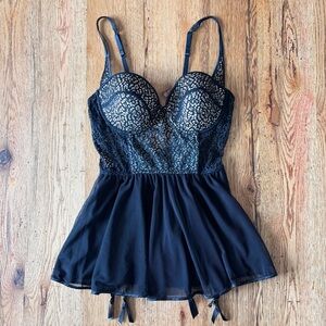 Black Lace & Mesh Babydoll Chemise with Contrast Nude Lining